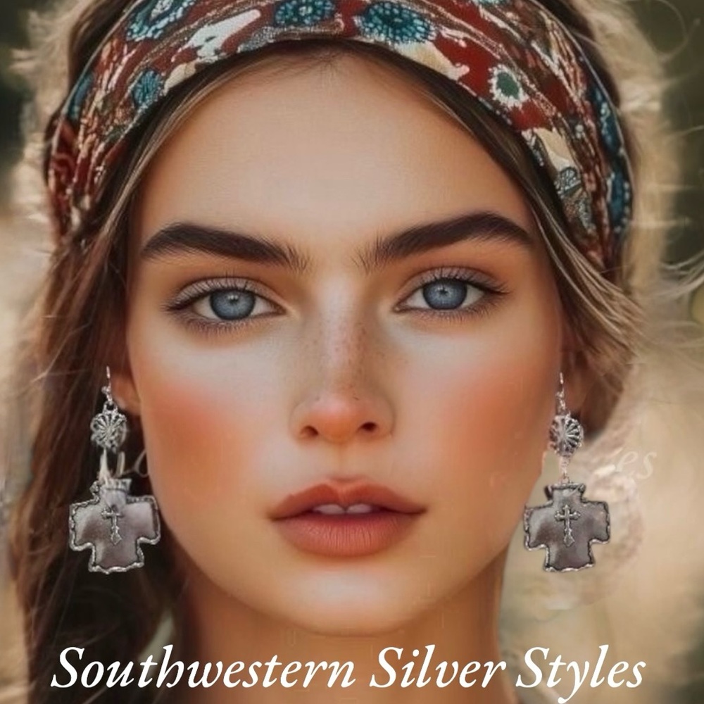 Vintage Rustic Southwestern Native American Style Silver Plated Cross Earrings